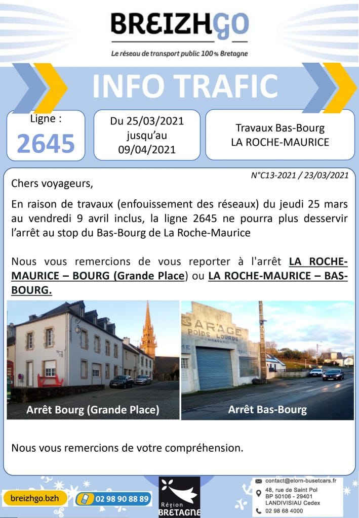 Info trafic : ligne 2645 du réseau de transport Breizhgo à la Roche-Maurice