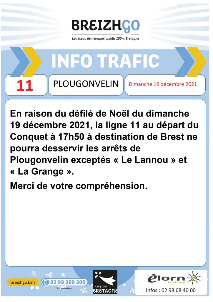 Des perturbations sont à prévoir sur la ligne 11 Breizhgo, dimanche 19 décembre en raison du défilé de Noël à Plougonvelin