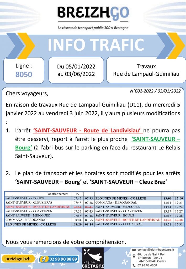 Travaux à Saint Sauveur du 5 janvier au 3 juin 2022. La ligne 8050 Breizhgo modifie son plan de transport et les horaires de car