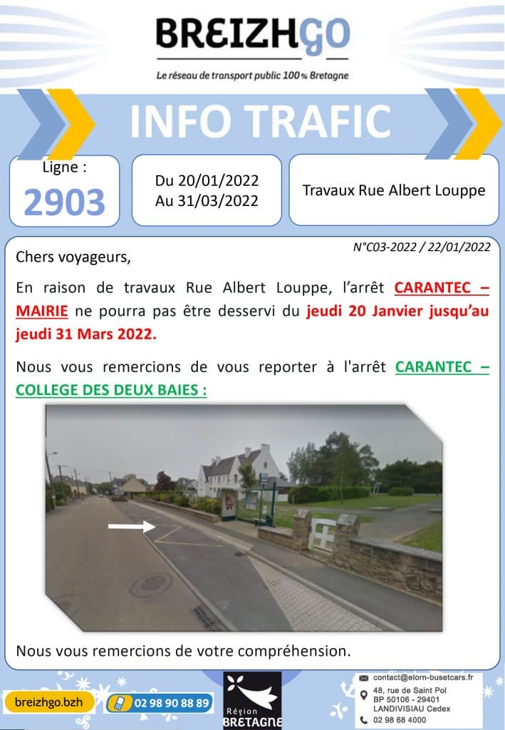 Usagers ligne Breizhgo 2903, nous vous informons qu'en raison de travaux l'arrêt "Carantec-Mairie" ne sera pas desservi du 20 janv. au 31 mars.