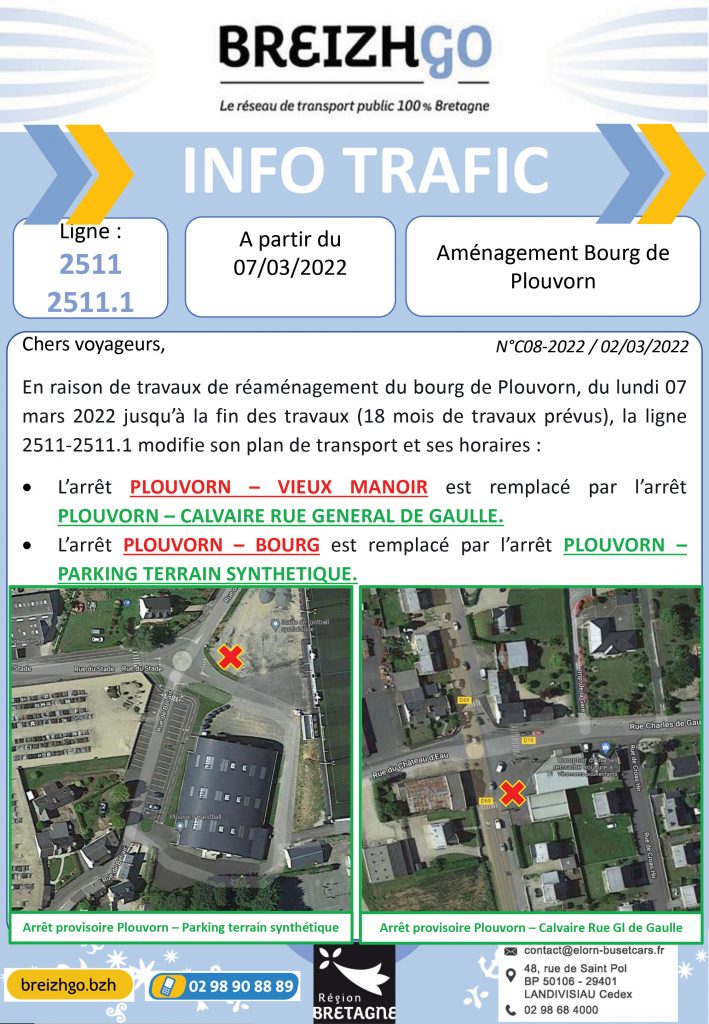 Transport scolaire Plouvorn : travaux, à partir du 7 mars 2022, modification des arrêts, sur les lignes Breizhgo 2511-2511.1
