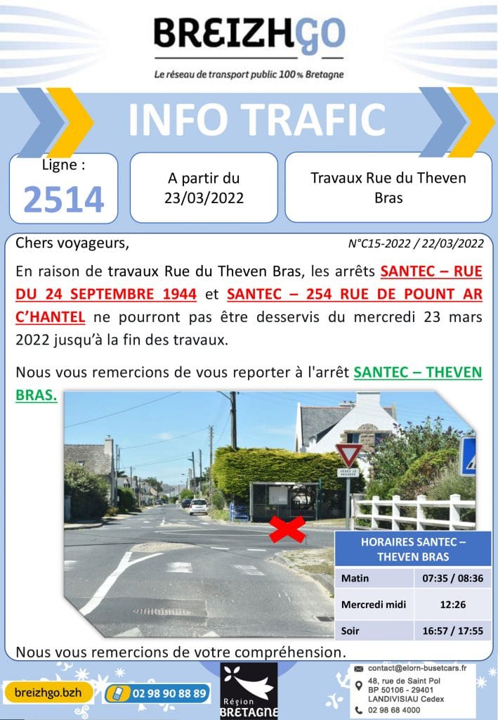 Travaux Santec - la ligne Breizhgo 2514 est perturbée, les points d'arrêt sont modifiés à partir du 23 mars.