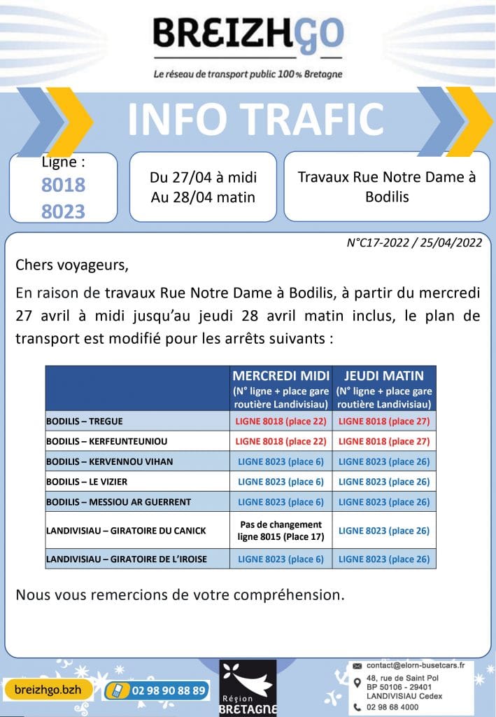 Car Bodilis : ligne 8018-8023 travaux. Nous modifions le plan de transport de la ligne 8018-8023 en raison de travaux à Bodilis, rue Notre Dame, du 27 au 28 avril 2022