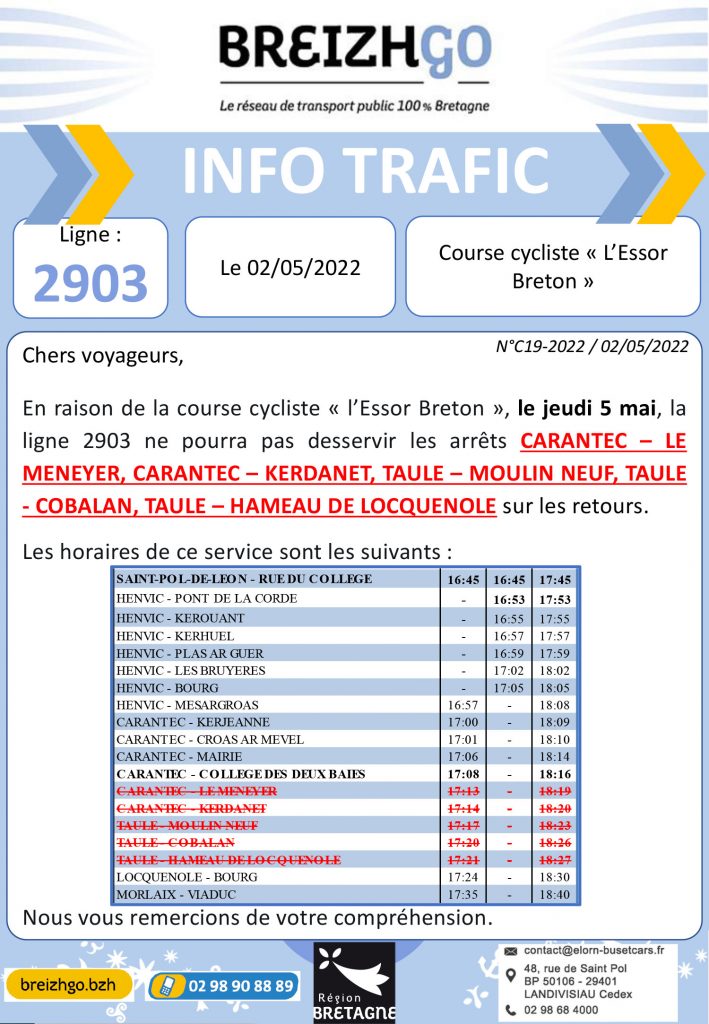 Ligne 2903, perturbations le jeudi 5 mai en raison du passage de la course cycliste Essor Breton, plusieurs arrêts ne seront pas desservis