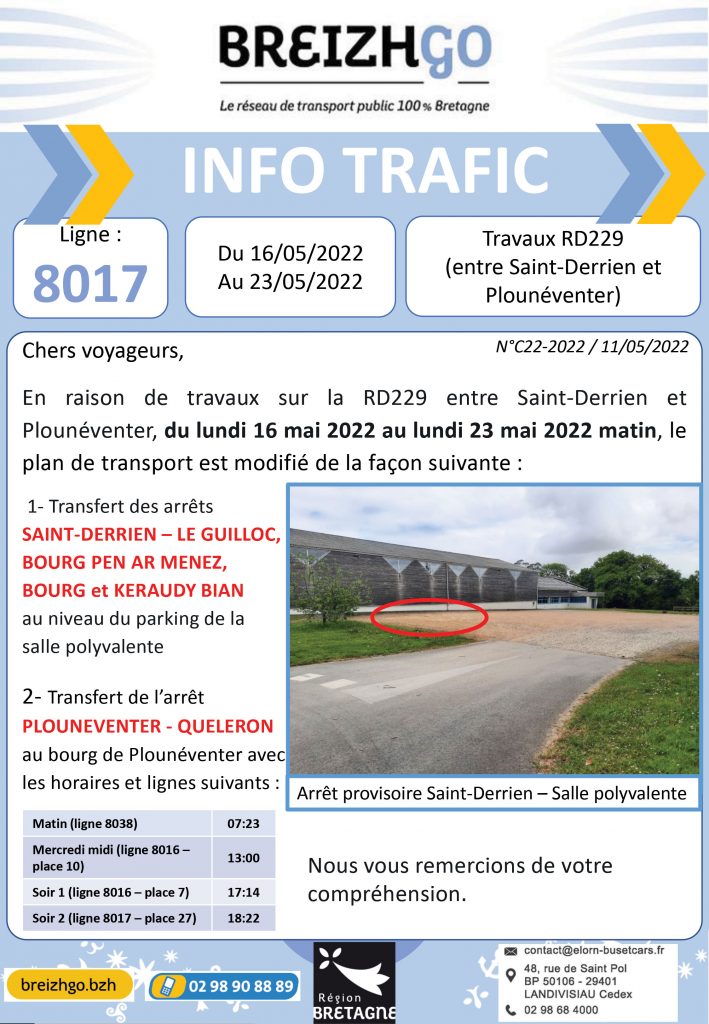 Ligne 8017 Plounéventer St Derrien : travaux, votre plan de transport est modifié, nous transférons vos arrêts vers un arrêt temporaire.