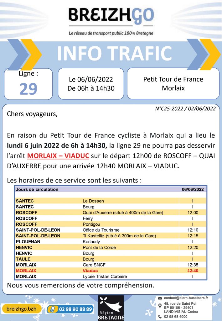 Petit Tour de France Morlaix, Ligne 29 : nous ne desservirons pas l'arrêt viaduc à 12h40, lundi 6 juin au départ de Roscoff