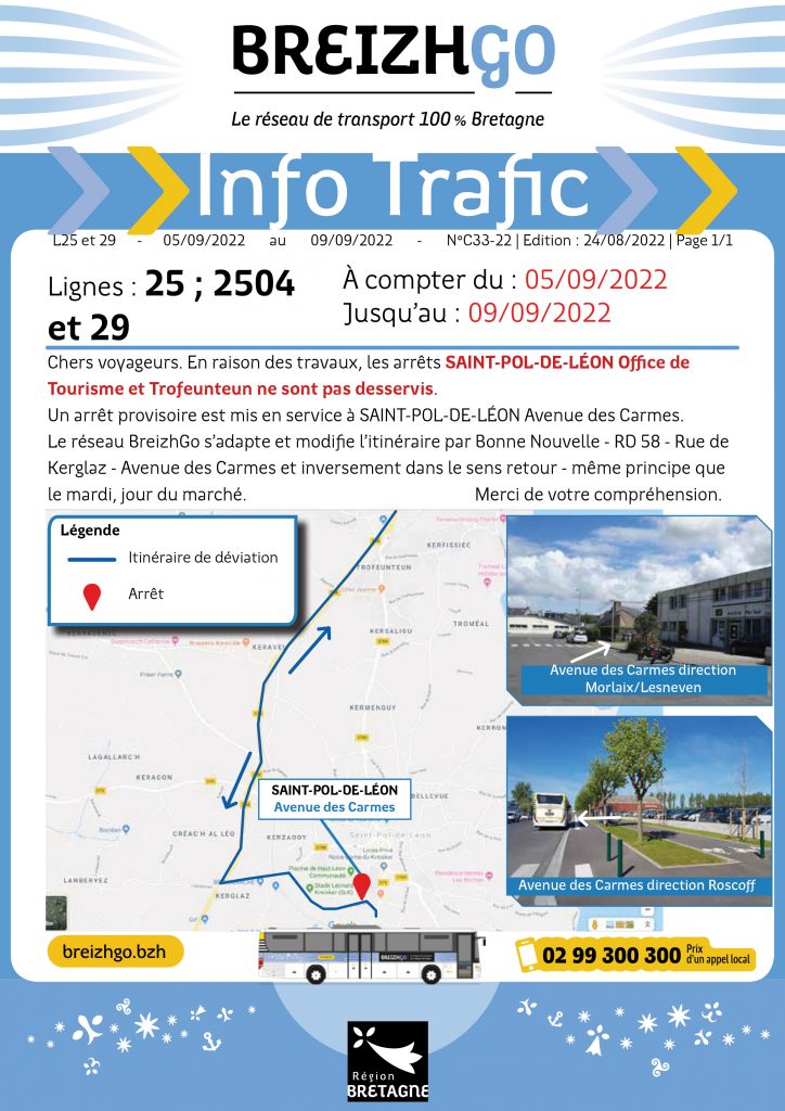 Ligne 29 St Pol de Léon : travaux. Les lignes Breizhgo 25, 2504 et 29 modifient leurs points d'arrêts du 5 au 9 septembre