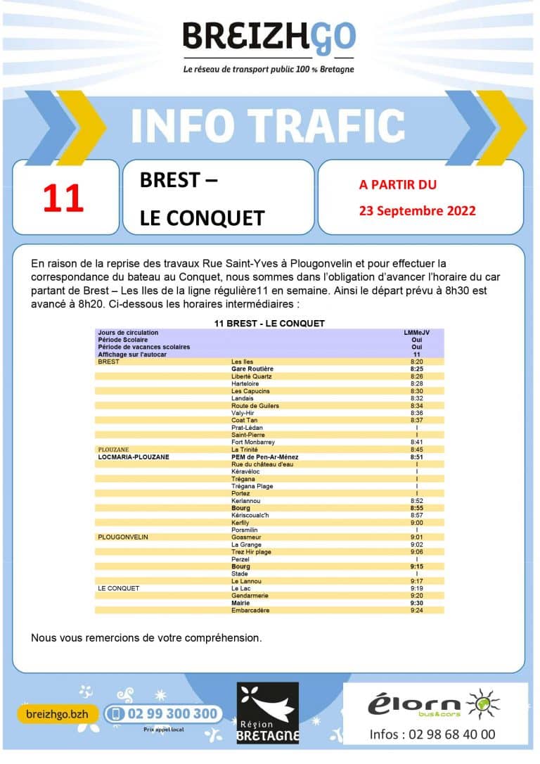 Modification des horaires sur la Ligne 11 BrestLe Conquet Élorn bus & cars Modification des horaires sur la Ligne 11 BrestLe Conquet Élorn bus & cars