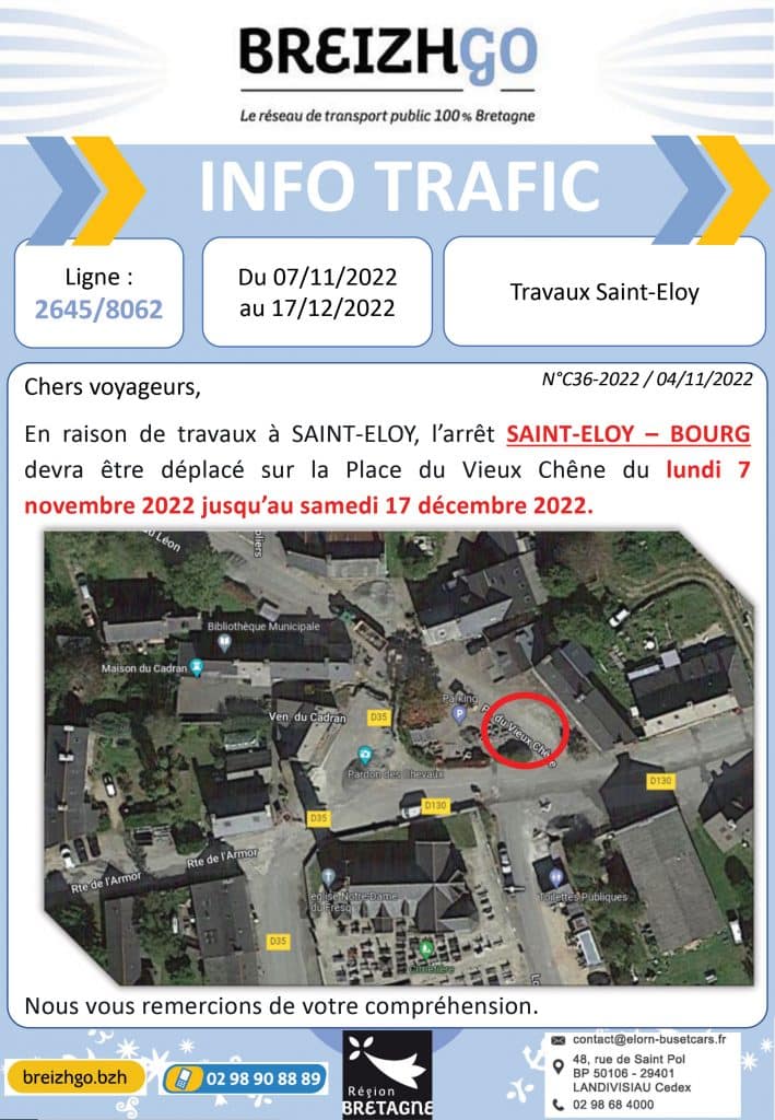 Transport scolaire Saint-Eloy, Ligne 2645 & 8062 : travaux. Nous déplaçons l'arrêt de car :"Bourg" du 7novembre au 17 décembre.