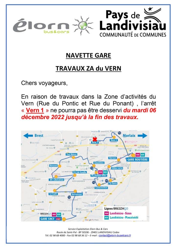 Navette Landivisiau : travaux ZA du Vern. Nous ne desservirons pas l'arrêt Vern 1 à partir du mardi 6 décembre ZA du Vern.