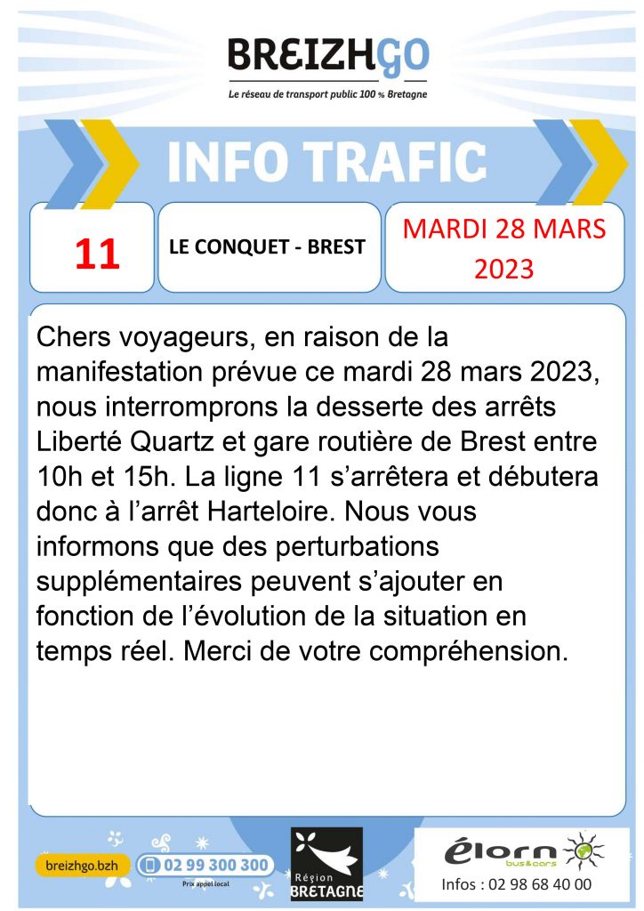 Gare routière de Brest et Liberté Quartz manifestation. nous interromprons la desserte des arrêts du centre-ville de Brest mardi 28 mars
