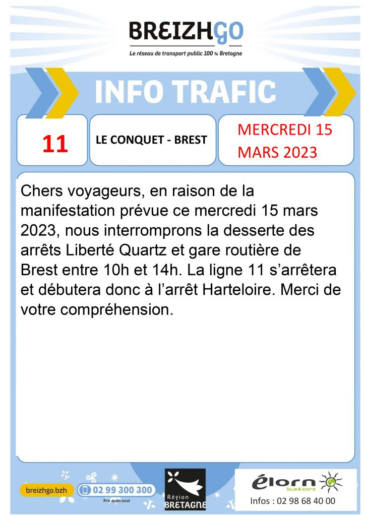 L 11 - Brest : manifestation du 15 mars, interruption des dessertes des arrêts