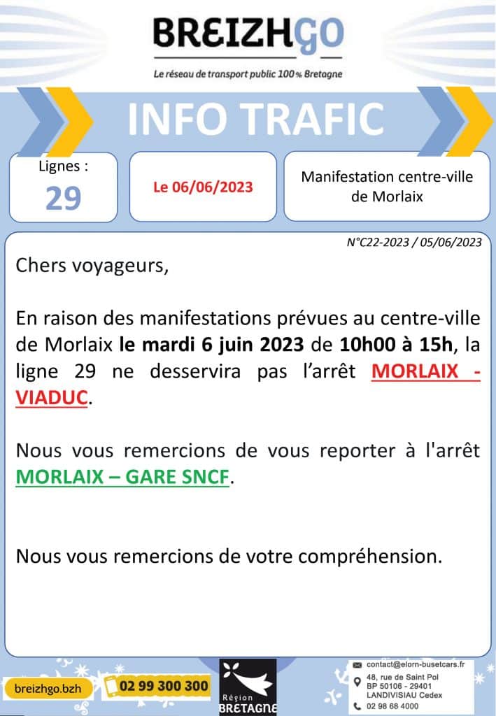 Ligne 29 Morlaix : manifestation 6 juin, arrêt viaduc non desservi
