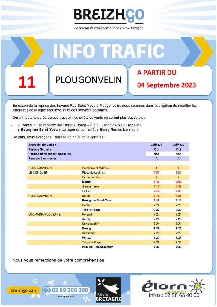 Info trafic ligne 11 Breizhgo, travaux à Plougonvelin